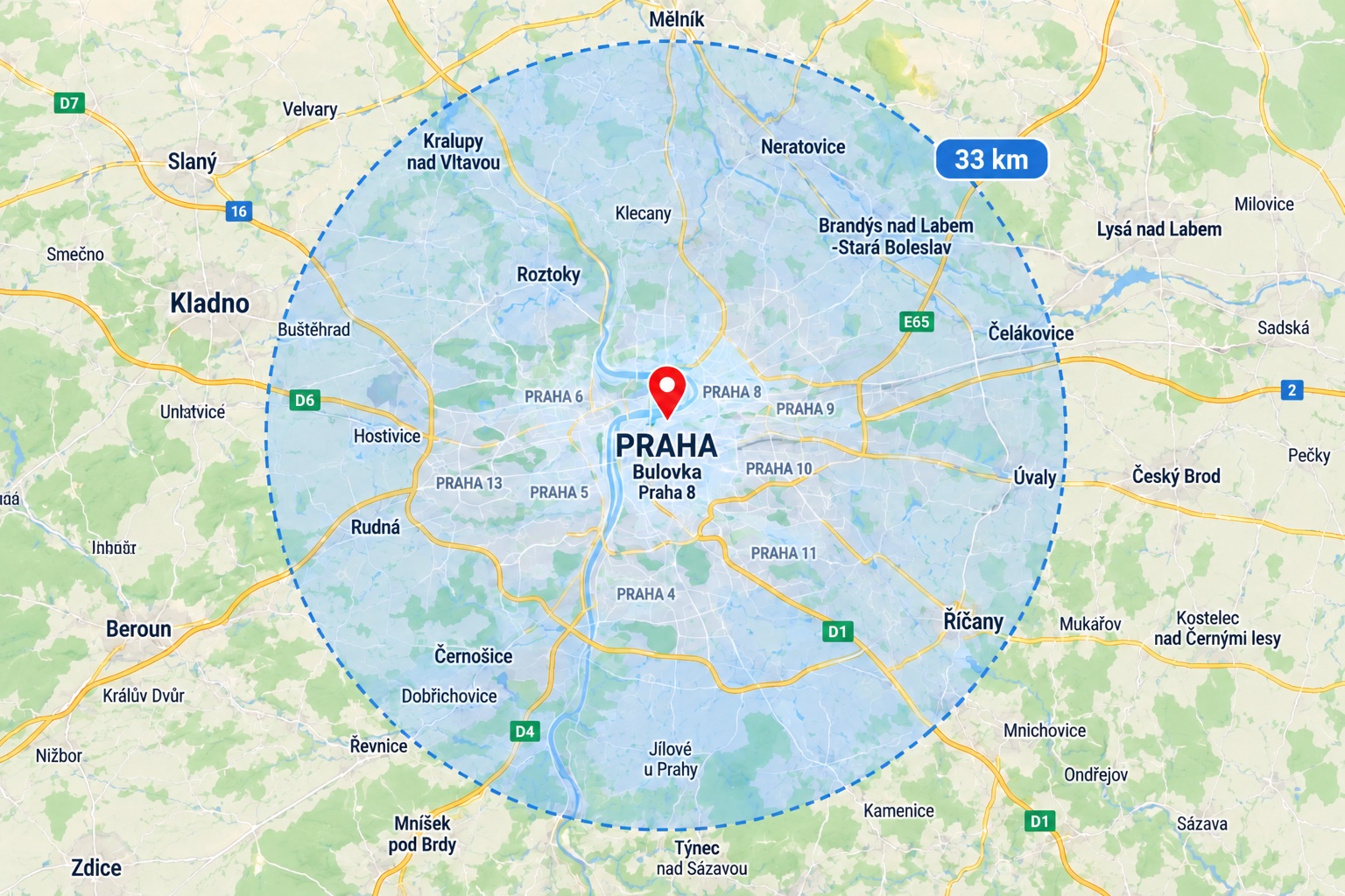Mapa působnosti servisu lednic Samsung: Praha a okolí s vyznačeným okruhem 33 km od Bulovky v Praze 8